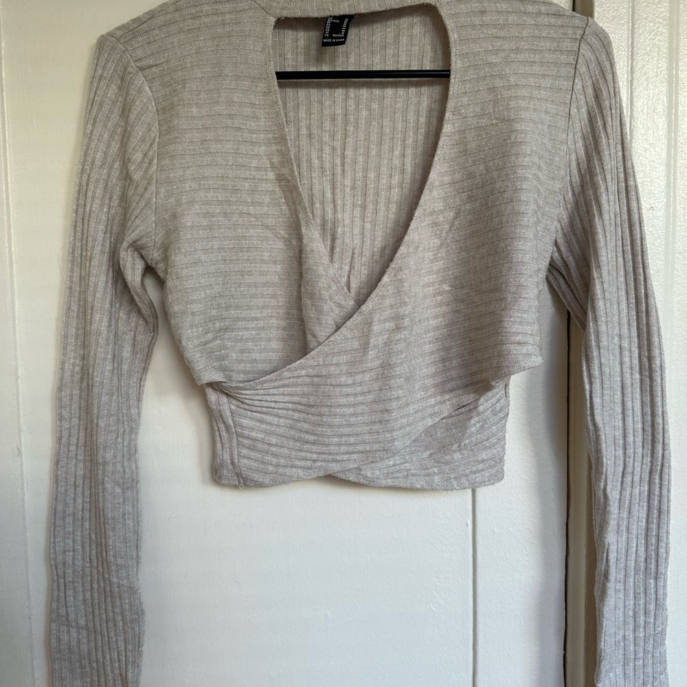 Forever 21 Cream Ribbed Wrap Blouse